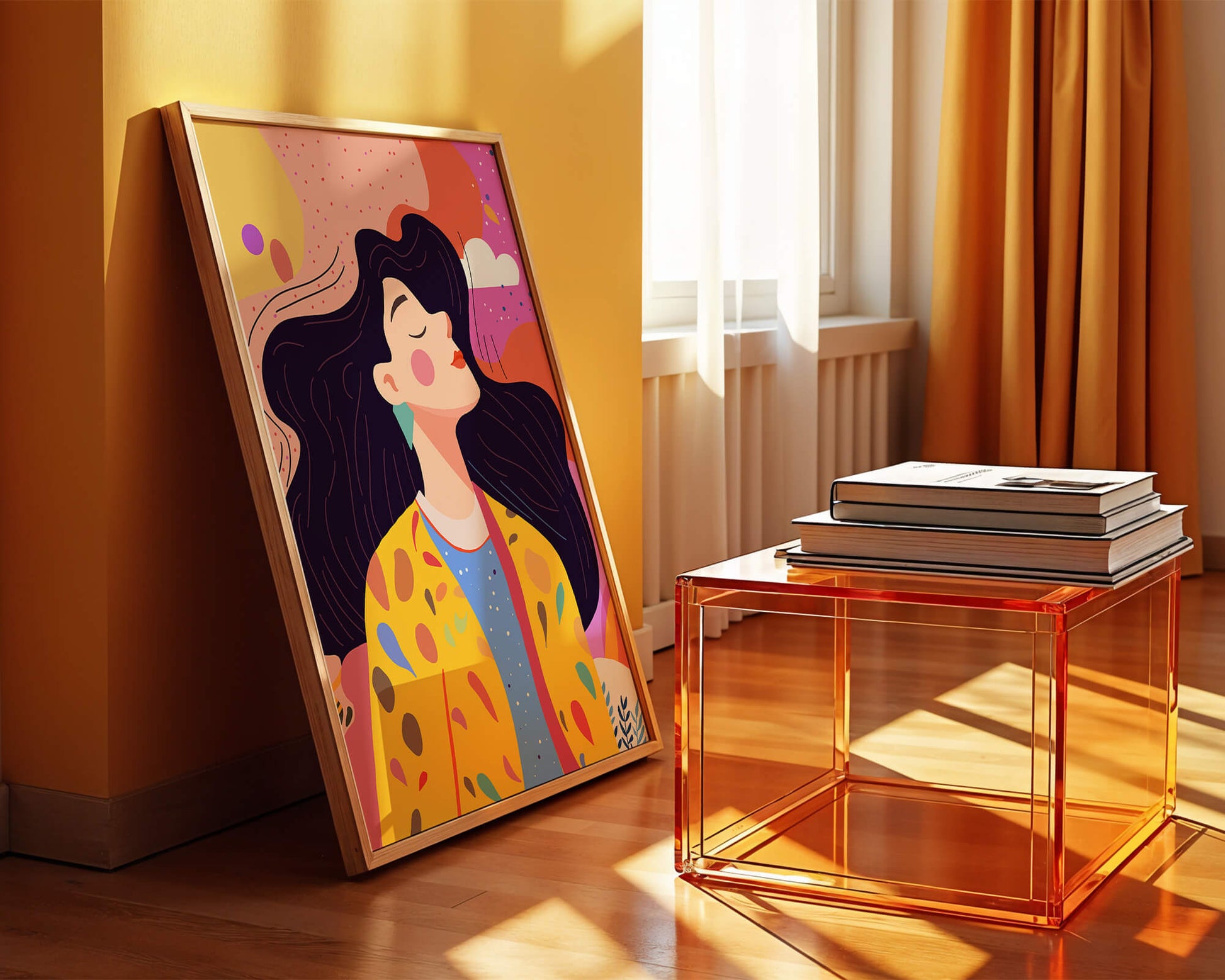 Ilustración colorida de una mujer en estilo artístico con fondo vibrante