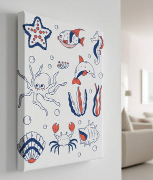 Colorful marine life illustration featuring sea creatures on a dark background