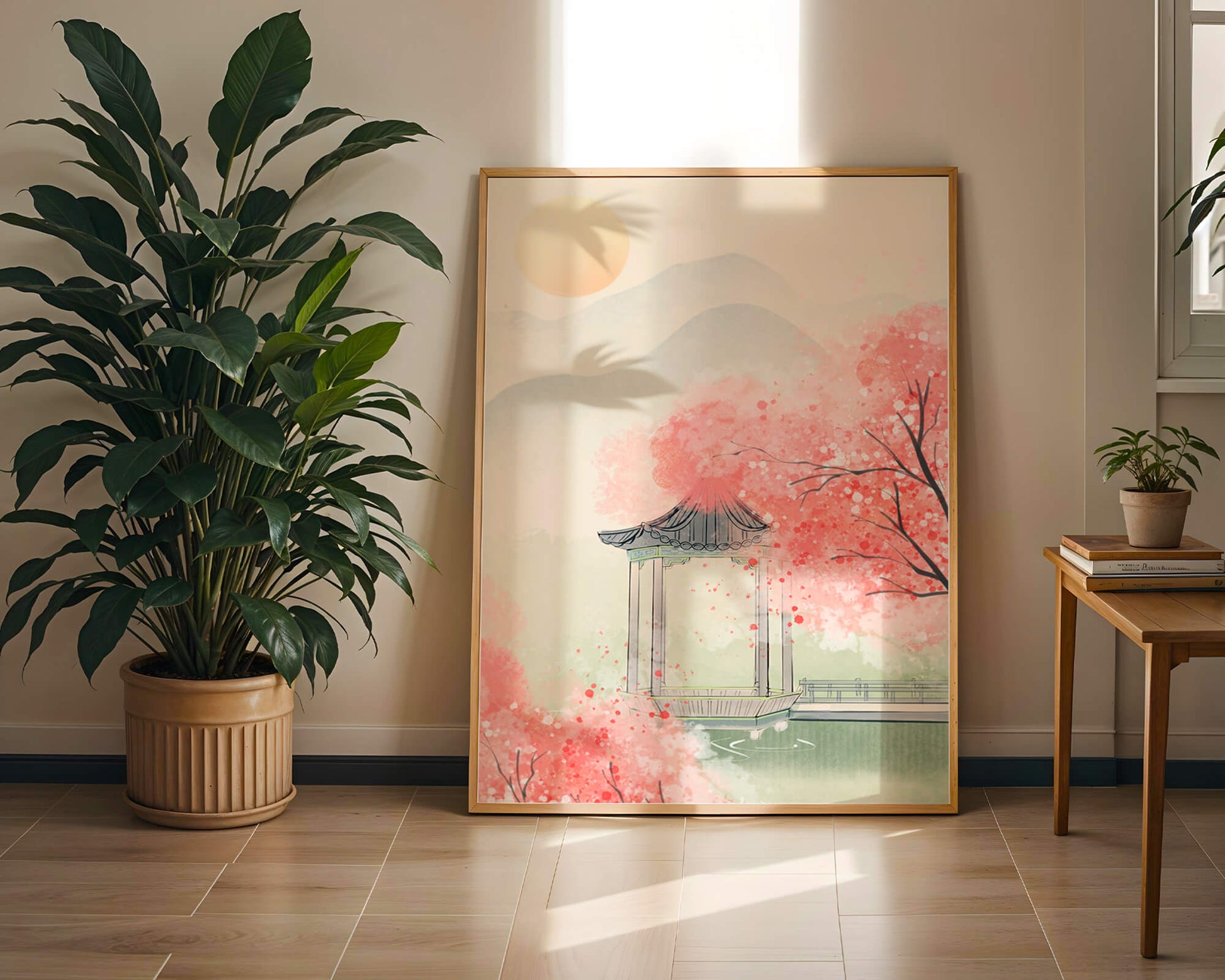 Serene landscape with cherry blossoms and traditional gazebo
