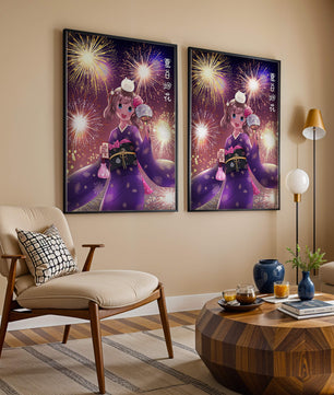 Girl in Yukata Celebrating Fireworks Festival with Cat and Fan