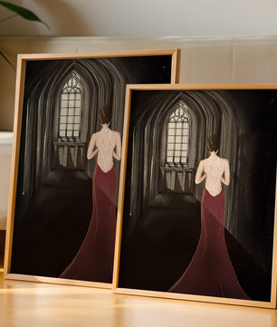 Elegant woman in a red dress inside a gothic hallway