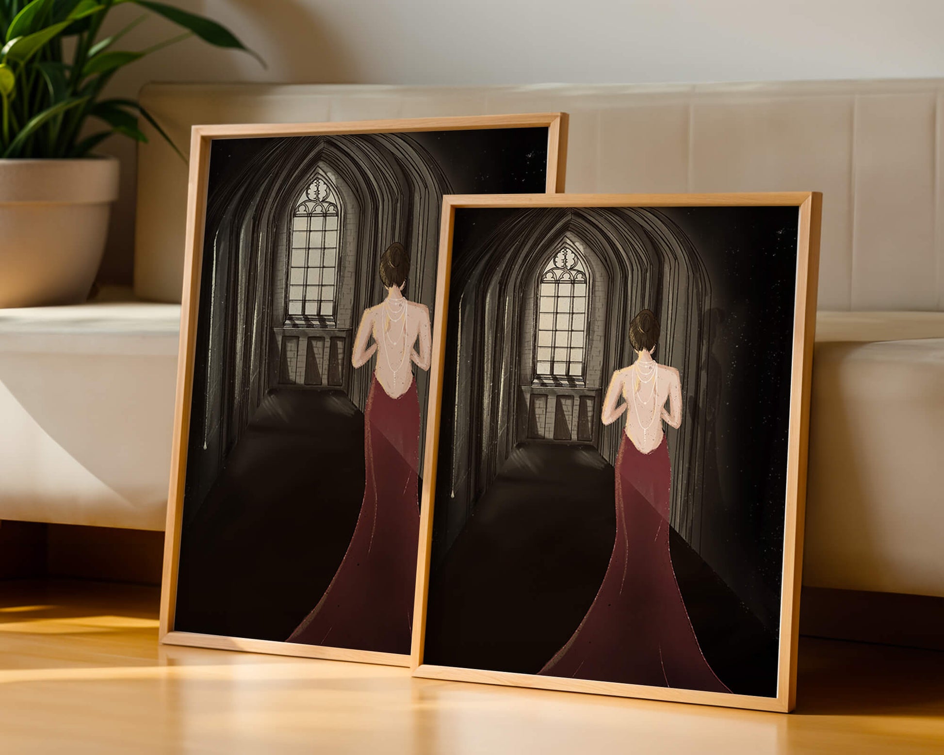 Elegant woman in a red dress inside a gothic hallway