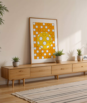 Colorful geometric pattern with white polka dots on orange background