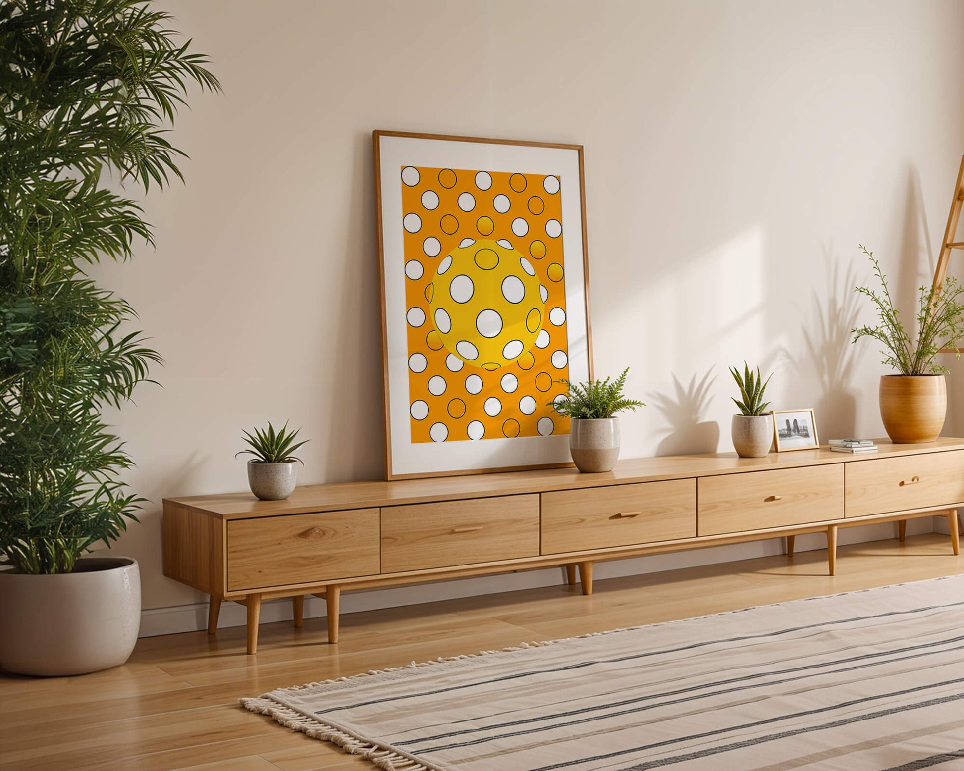 Colorful geometric pattern with white polka dots on orange background