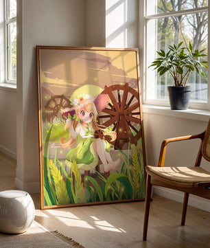 Enchanted countryside scene with a cute character and vibrant nature