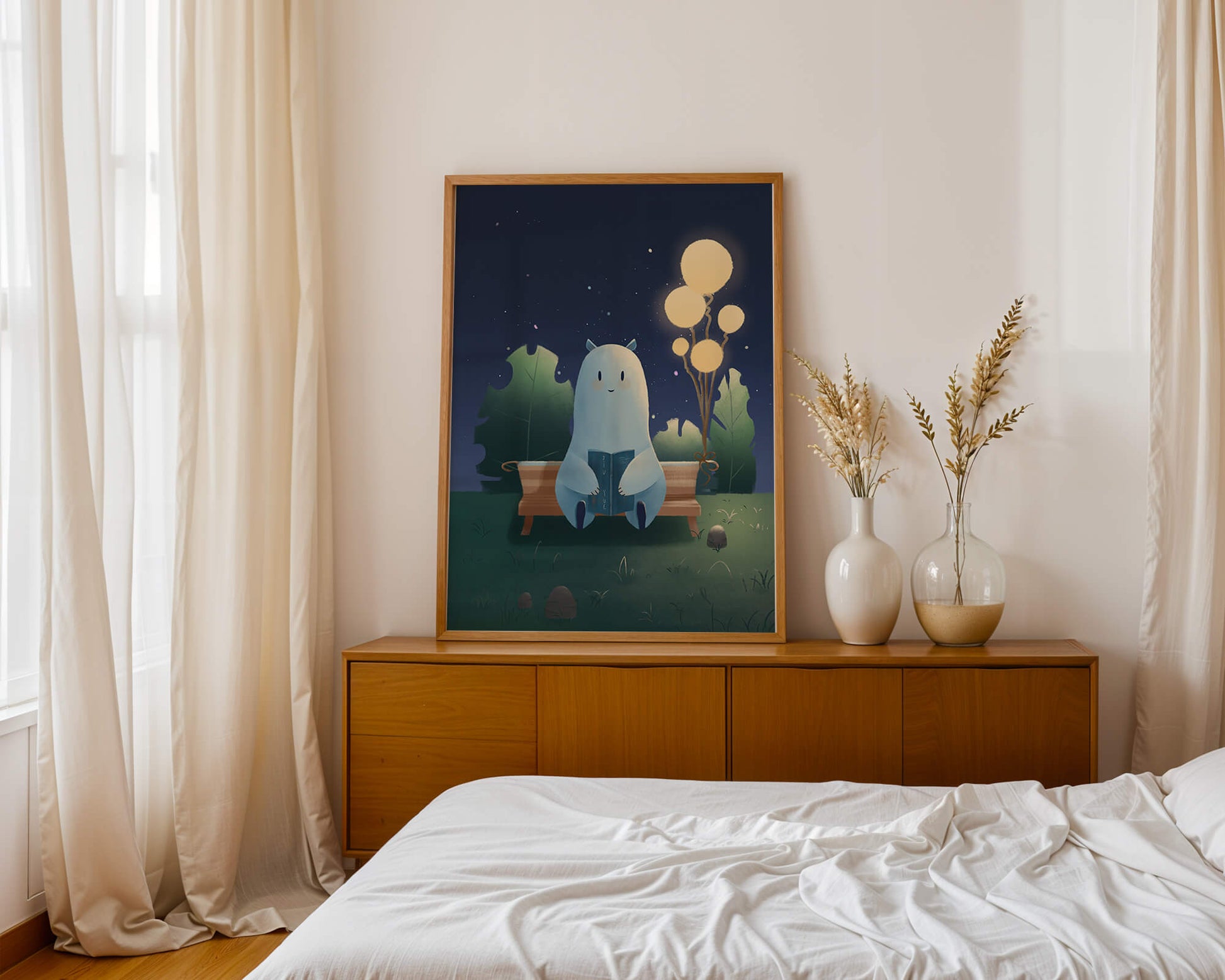 Cozy nighttime illustration with a creature reading under starry sky