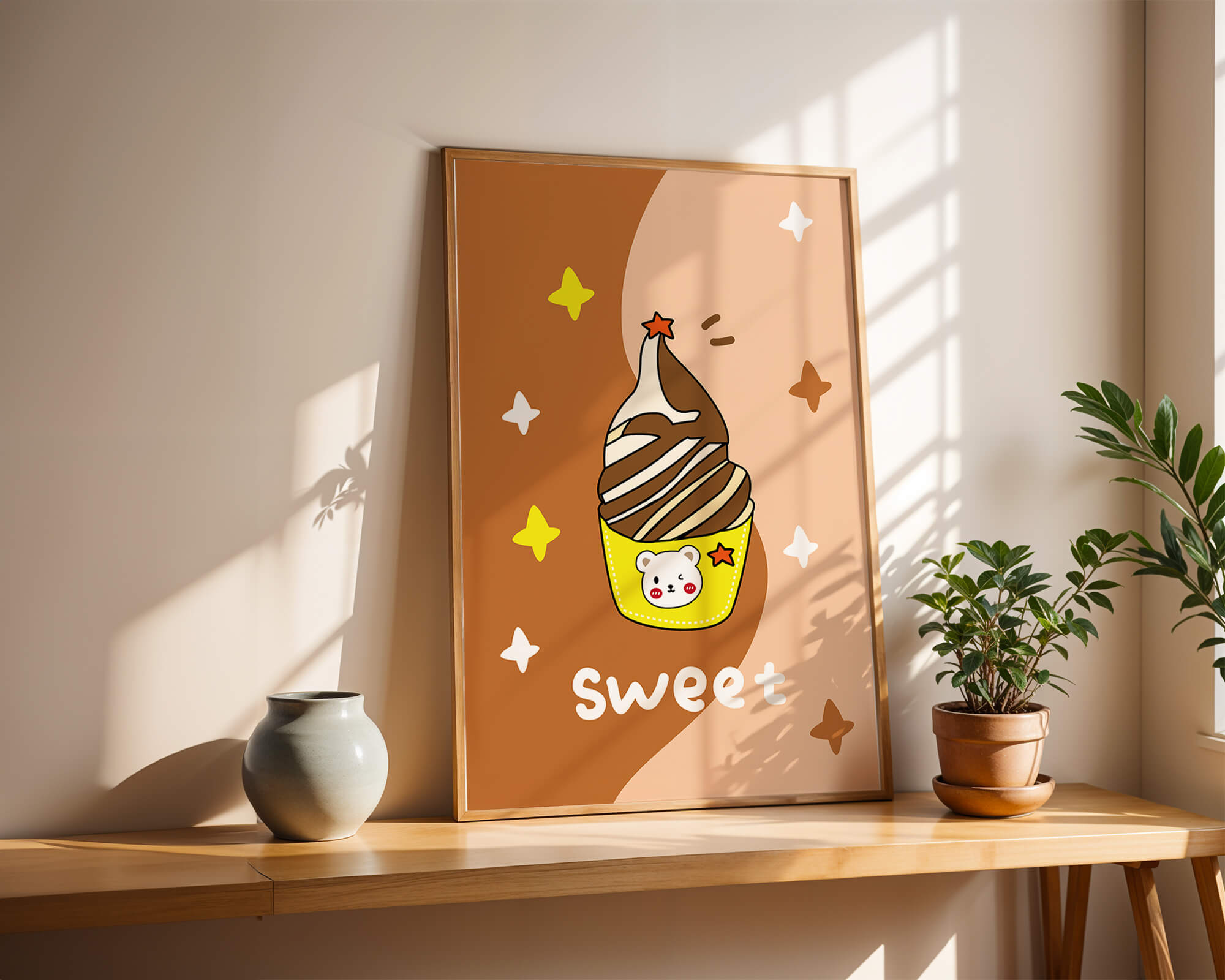 Adorable ice cream design with kawaii bear and colorful background