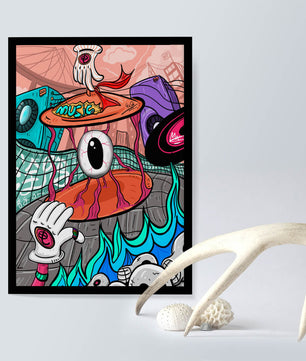 Ilustración abstracta surrealista colorida con un ojo vívido y elementos surrealistas