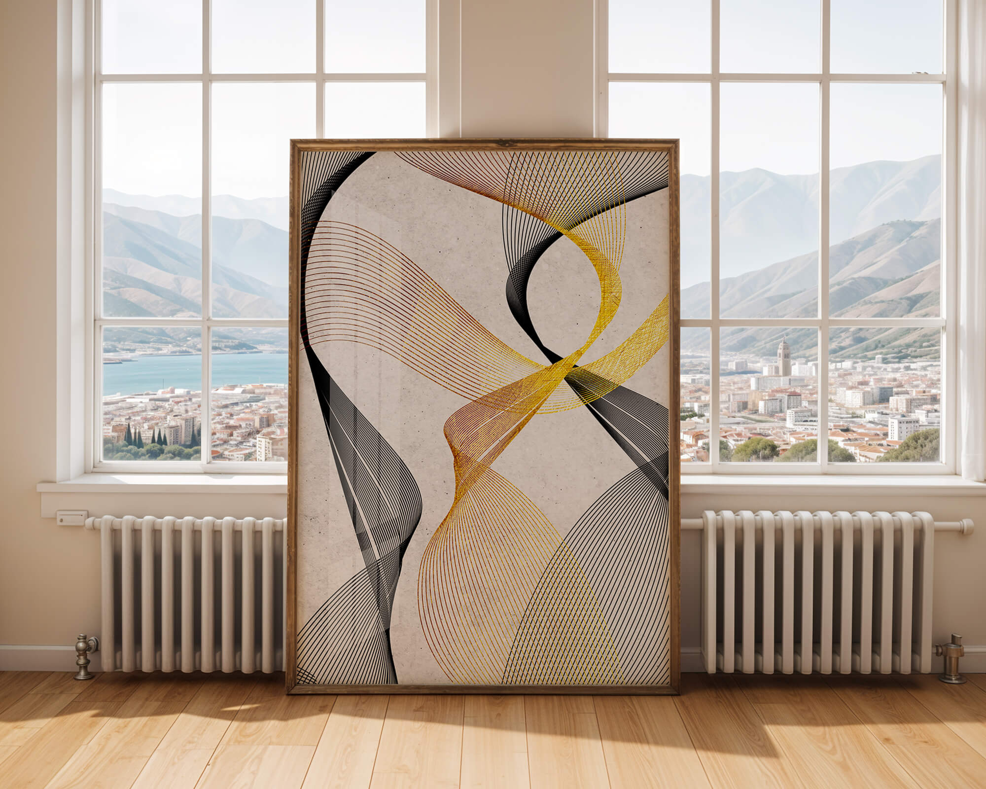 Elegant abstract waves with gold and black lines on textured background