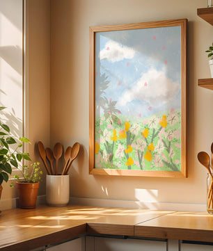 Paysage printanier avec nuages et fleurs