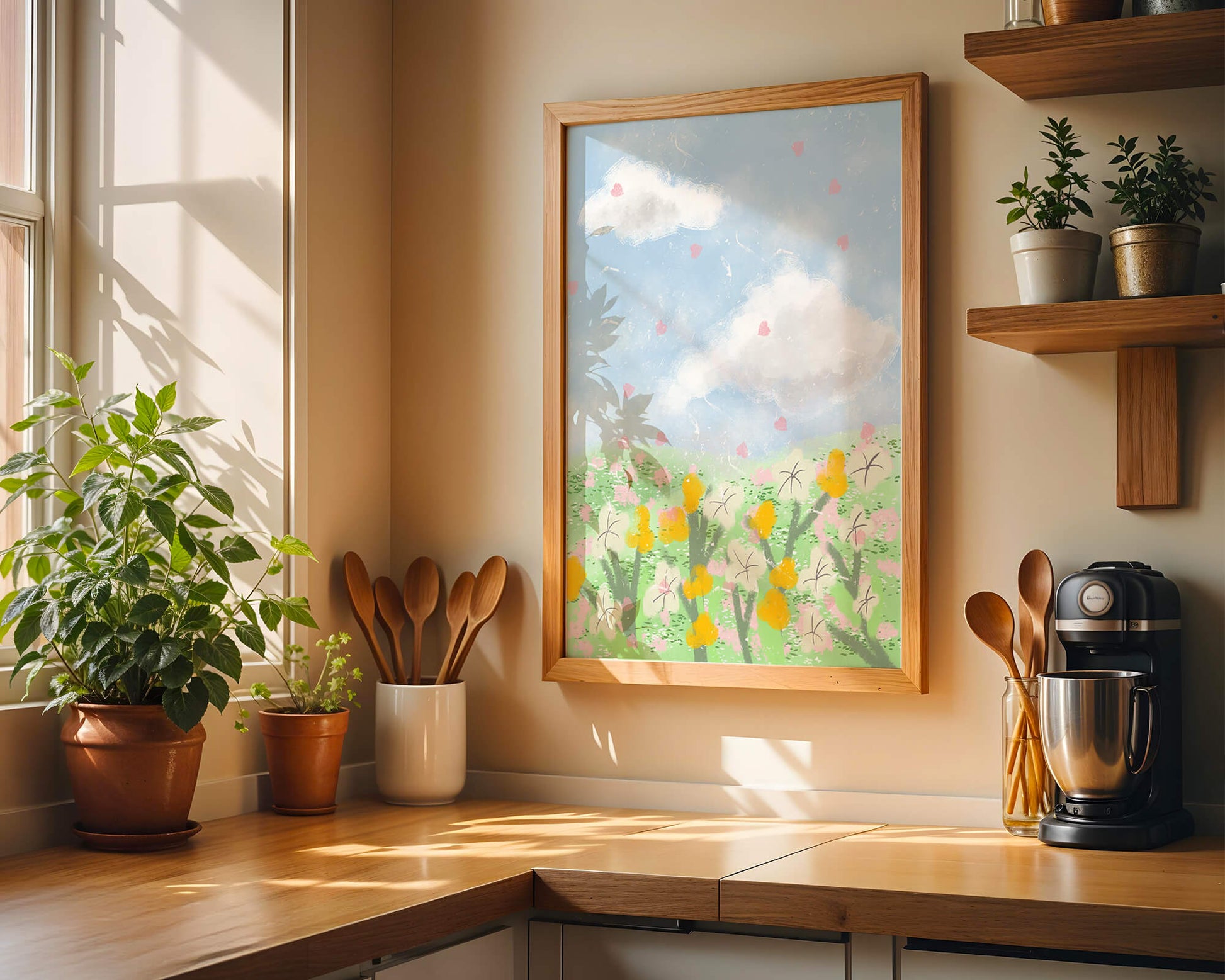 Paysage printanier avec nuages et fleurs