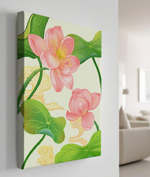 Illustration of pink lotus flowers with green leaves on a pastel background
