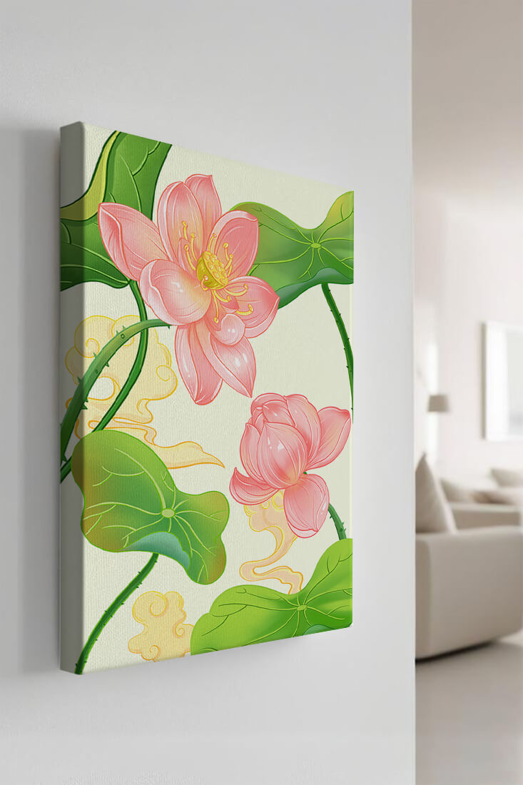 Illustration of pink lotus flowers with green leaves on a pastel background
