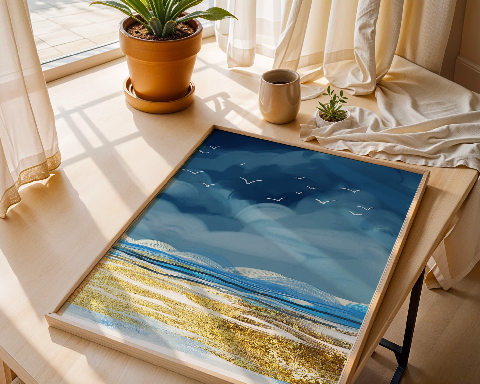 Seascape with Birds in a Vibrant Blue and Gold Palette