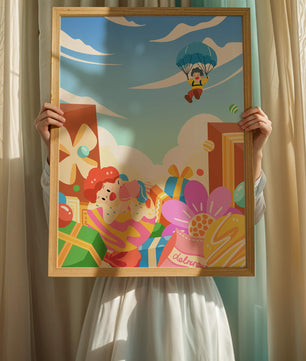 Colorful illustration with presents and children playing under a blue sky