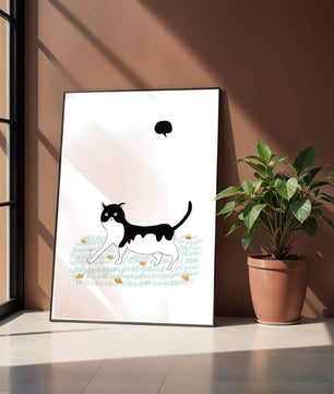 Whimsical cat illustration in field of flowers