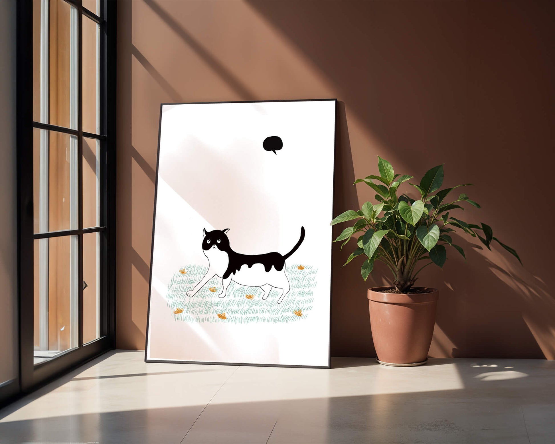 Whimsical cat illustration in field of flowers