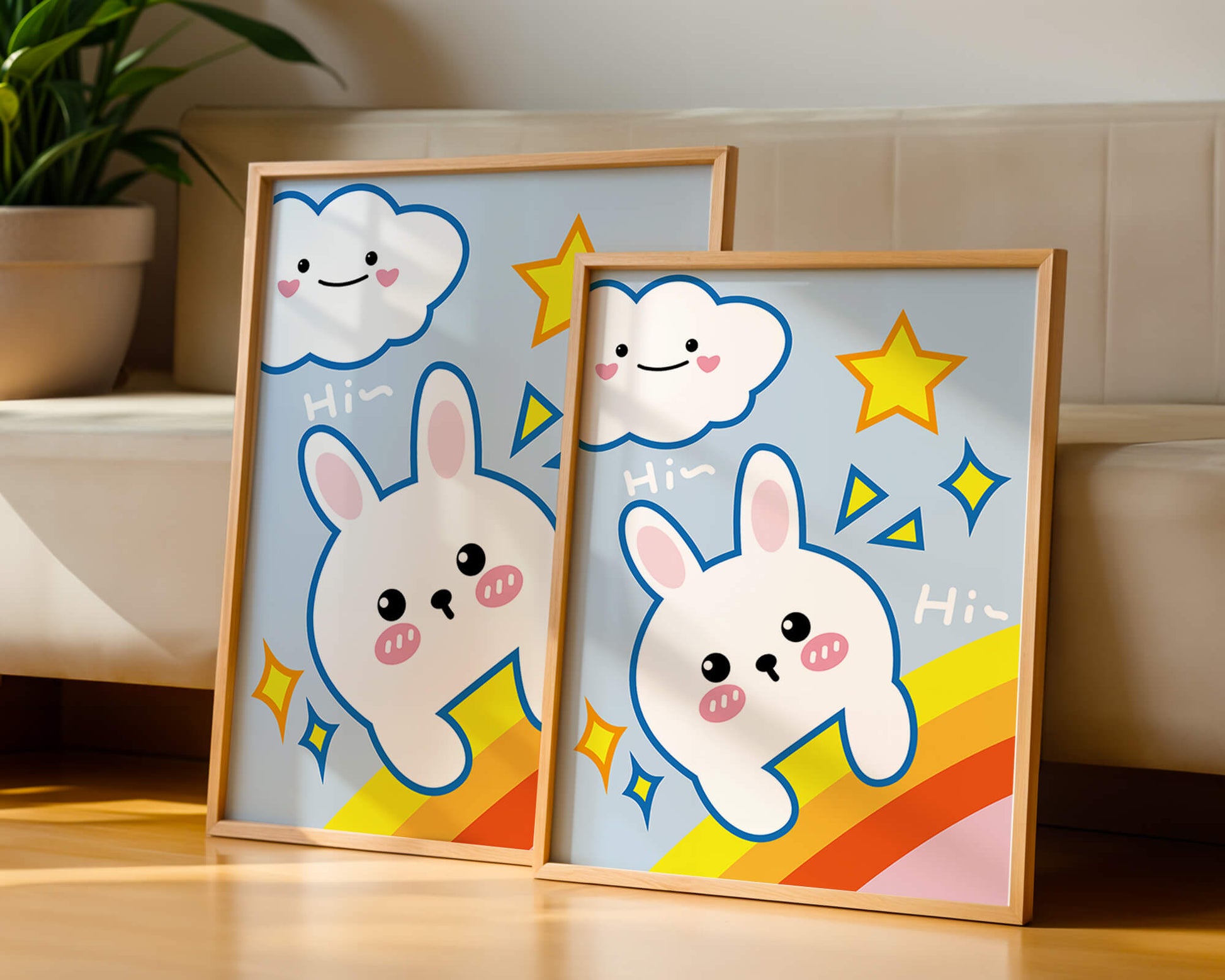 Whimsical cartoon bunny with cloud and rainbow theme