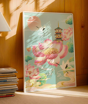 Paysage serein avec des fleurs de lotus et une pagode traditionnelle