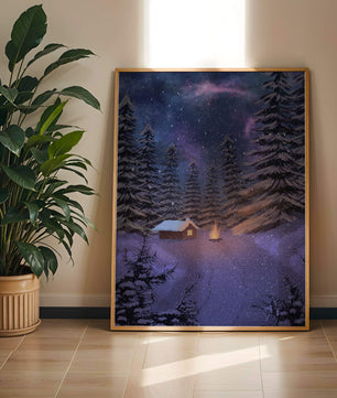 Winternachtlandschaft mit verschneiter Hütte und Kiefernwald