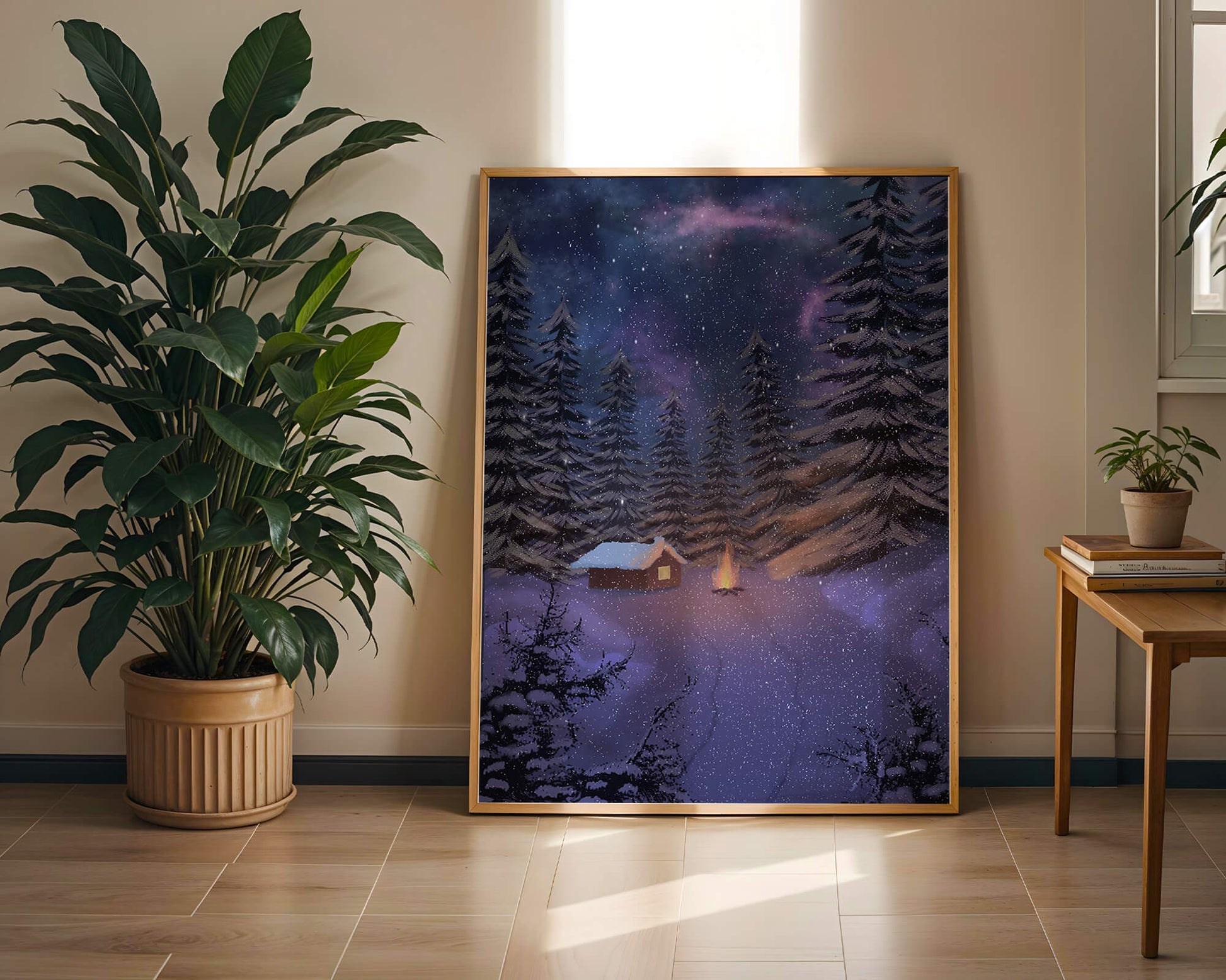 Winter night landscape with snowy cabin and pine forest