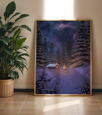 Winter night landscape with snowy cabin and pine forest