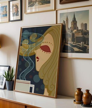 Stylized portrait of a woman with flowing hair and steaming coffee