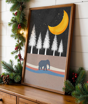 Serene Night Scene with Elephant Under Golden Moon in Forest - Mi tienda