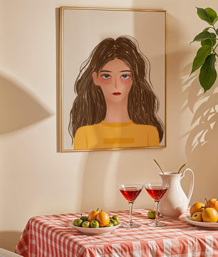 Illustrated portrait of a woman with long brown hair and expressive eyes