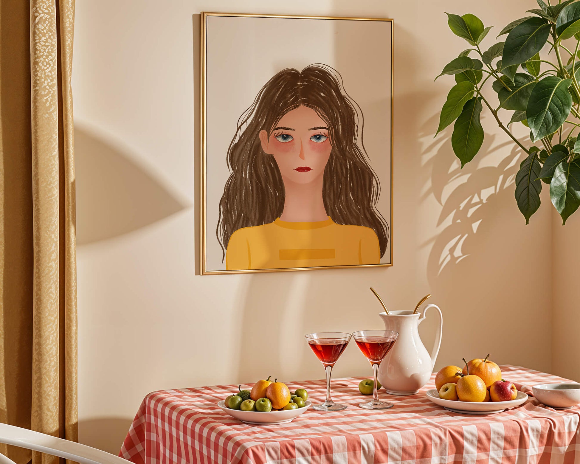 Illustrated portrait of a woman with long brown hair and expressive eyes