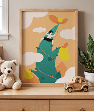 Man Climbing Giant Beanstalk Reaching to Sun in Minimalist Style - Mi tienda