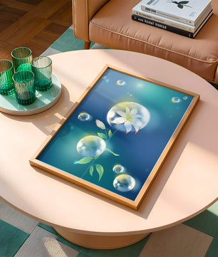 Zarte Blume in transparenten Blasen auf einem verträumten blauen Hintergrund