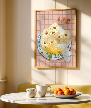 Illustration of layered cake on patterned plate with flowers and a cup