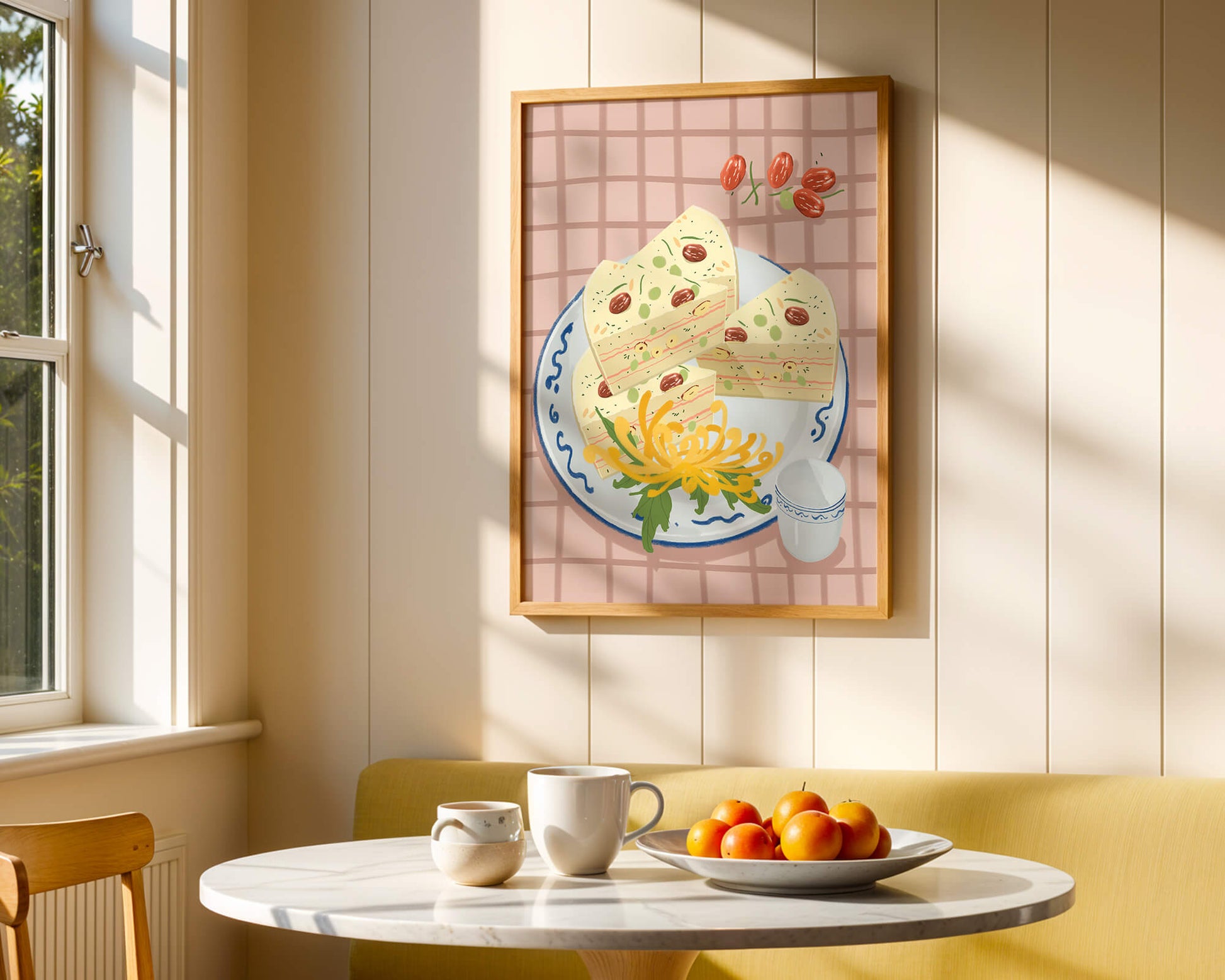 Illustration of layered cake on patterned plate with flowers and a cup