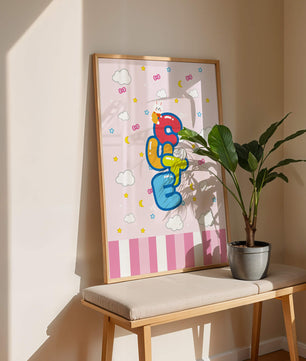 Playful pastel illustration with cute characters and clouds