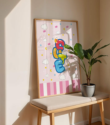 Playful pastel illustration with cute characters and clouds