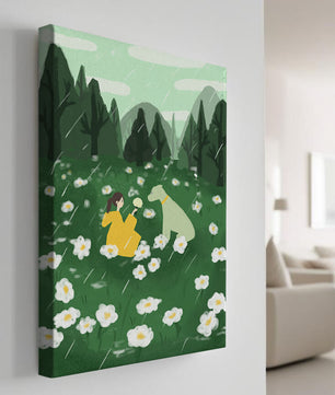 Woman and Dog in a Serene Rainy Meadow with Flowers