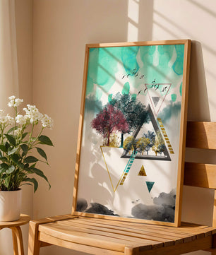 Abstract Geometric Landscape with Vibrant Trees and Birds - Mi tienda