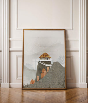 Serene landscape with traditional pagoda and autumn trees