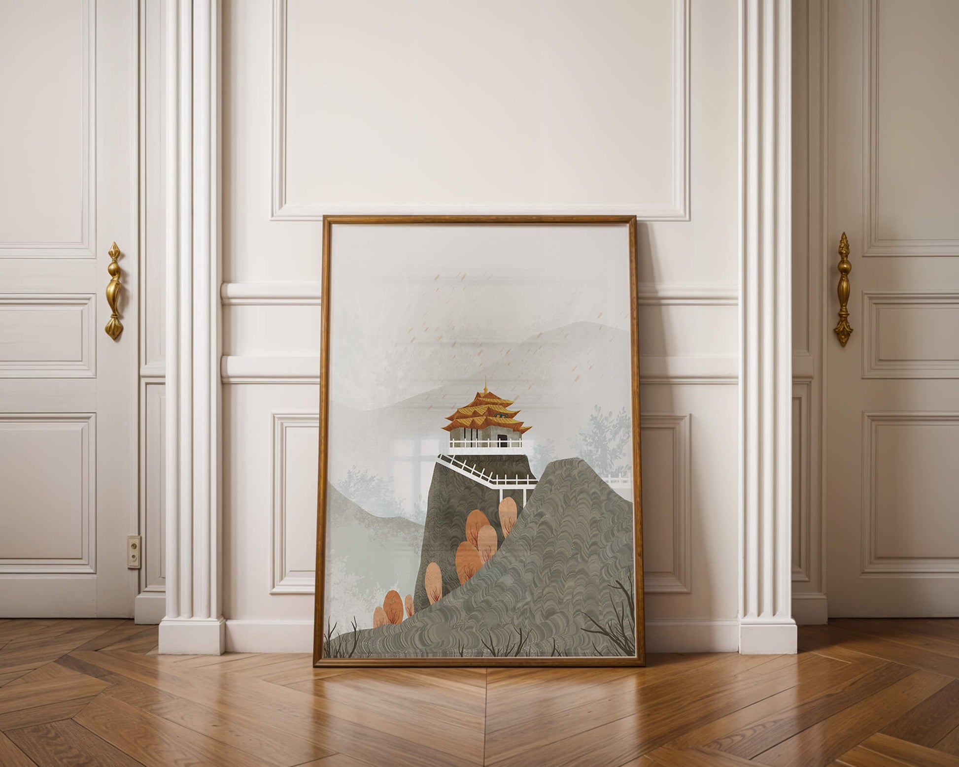 Serene landscape with traditional pagoda and autumn trees