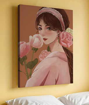 Mujer joven con flores en el pelo y sosteniendo un ramo