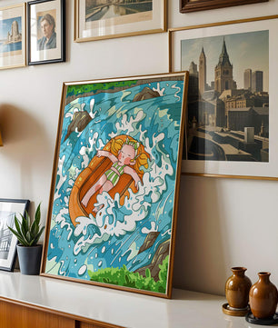 Adventurous raft ride down a vibrant cartoon river with character