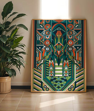 Design géométrique abstrait inspiré de l’Art déco avec des motifs symétriques et un motif animal