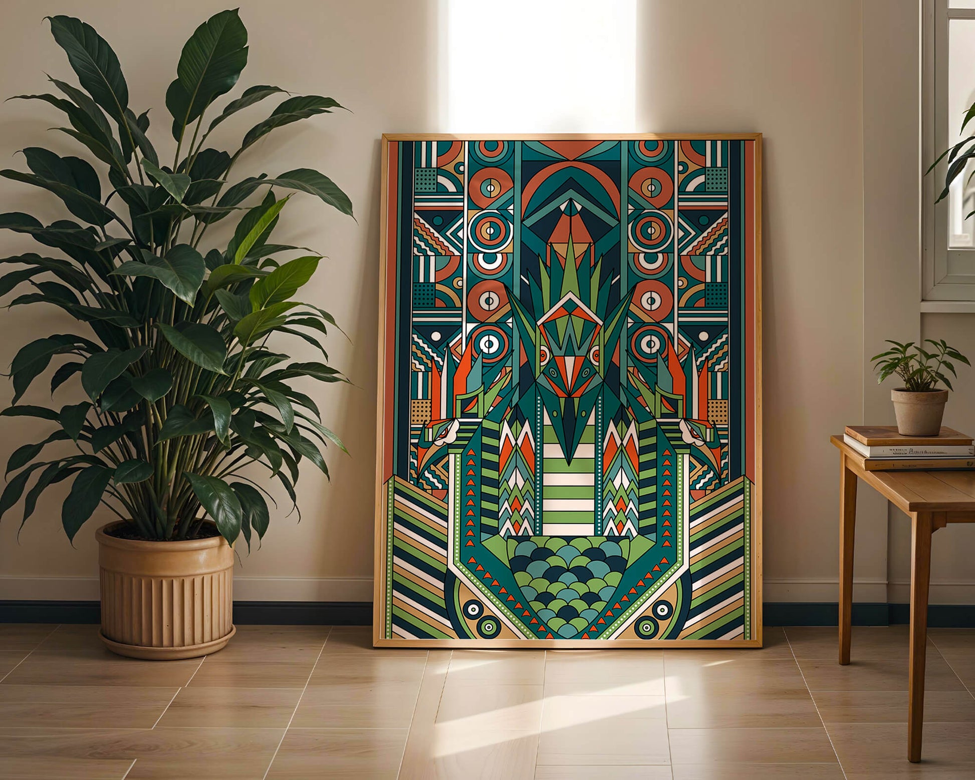 Art Deco Inspired Abstract Geometric Design with Symmetrical Patterns and Animal Motif