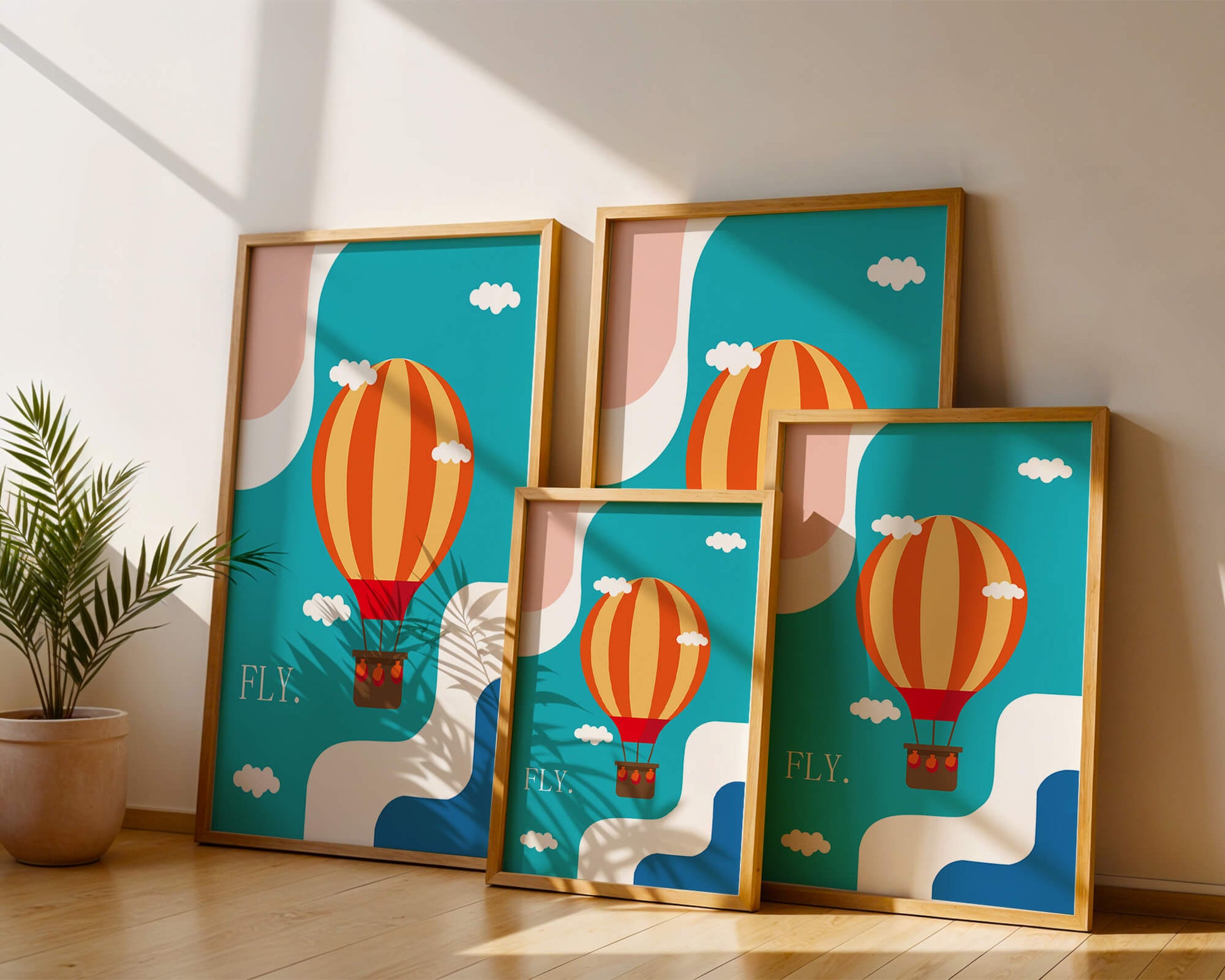 Bunte Heißluftballon-Illustration mit Wolken und abstrakten Formen