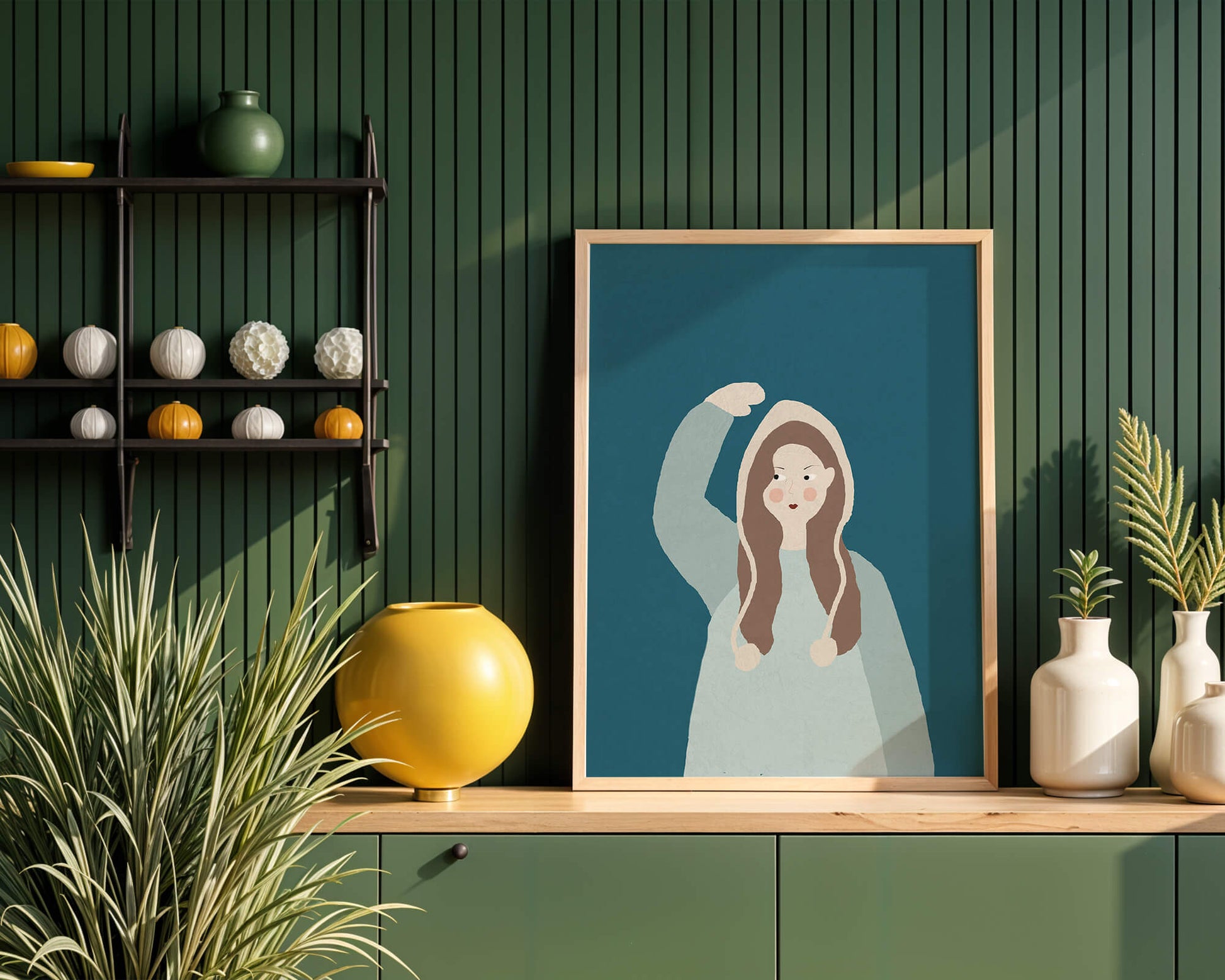 Illustrated girl with hoodie on teal background