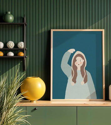Illustrated girl with hoodie on teal background