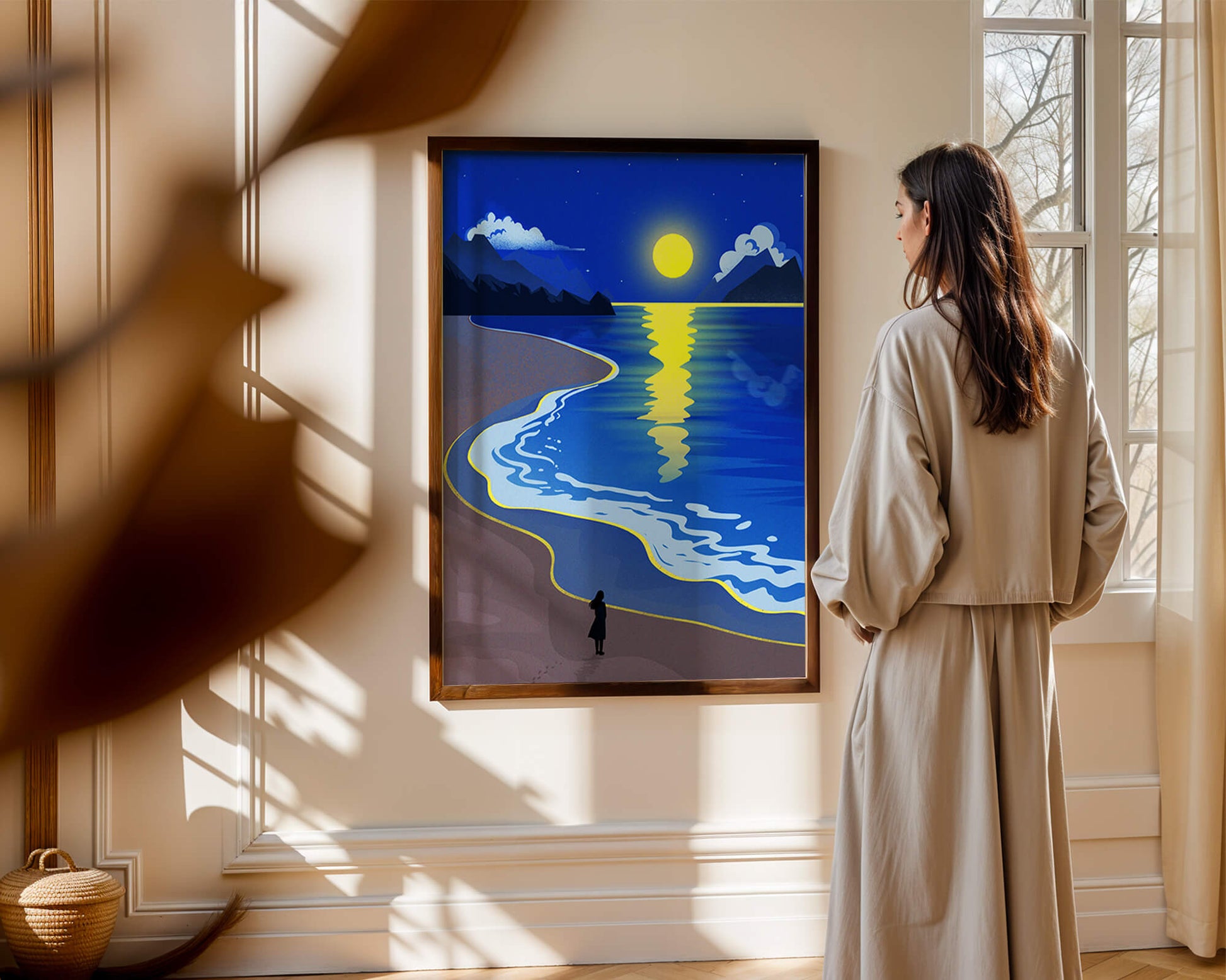 Moonlit Beach with Mountains and Reflections Under Night Sky