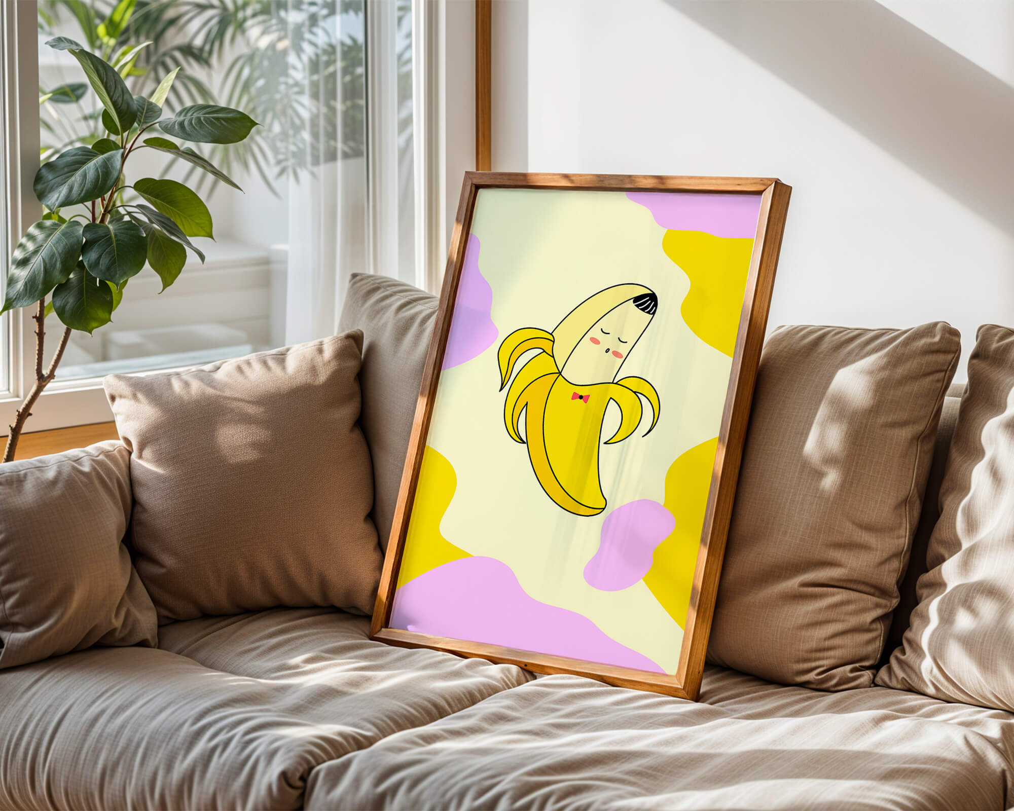 Quirky animated banana with bow tie on colorful abstract background