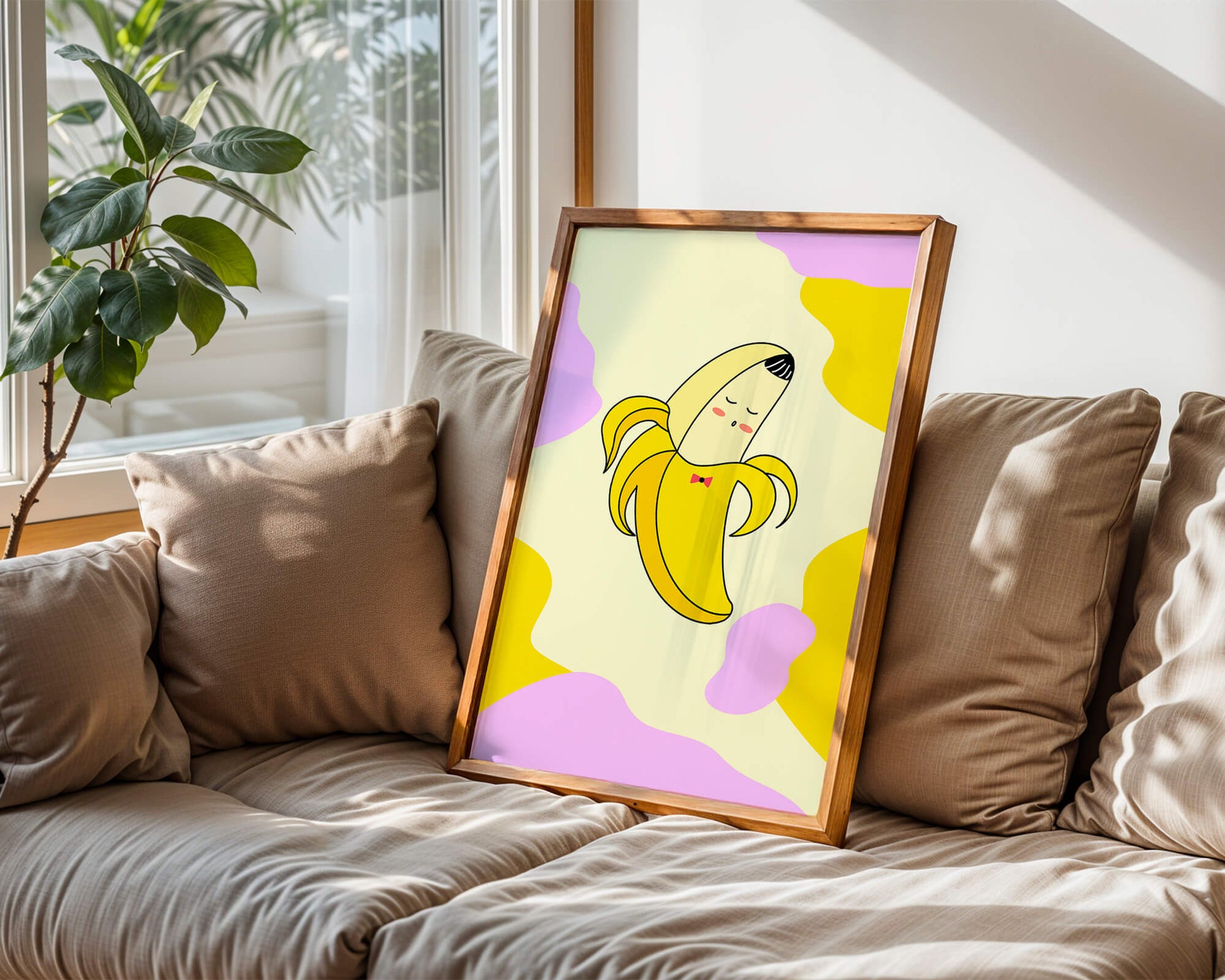 Quirky animated banana with bow tie on colorful abstract background